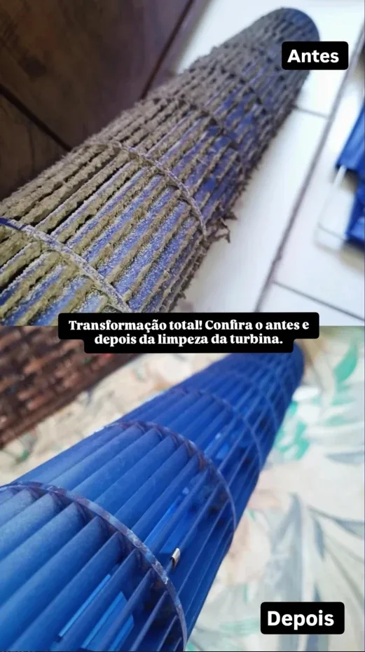 Turbina de ar-condicionado antes da limpeza, coberta de sujeira, e depois da limpeza, azul e limpa